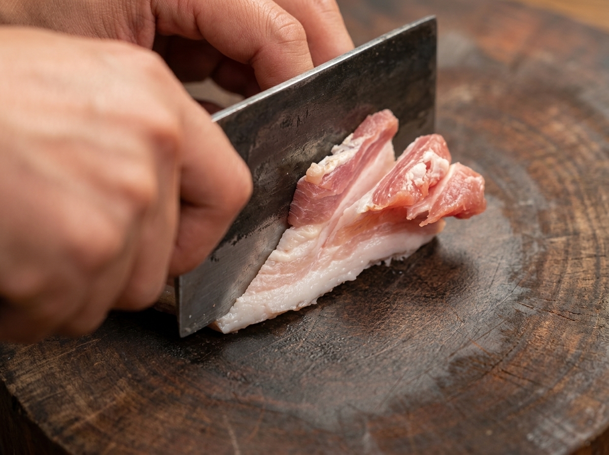 まな板の上で中華包丁を使って、丁寧に切れ目を入れている豚バラ肉。