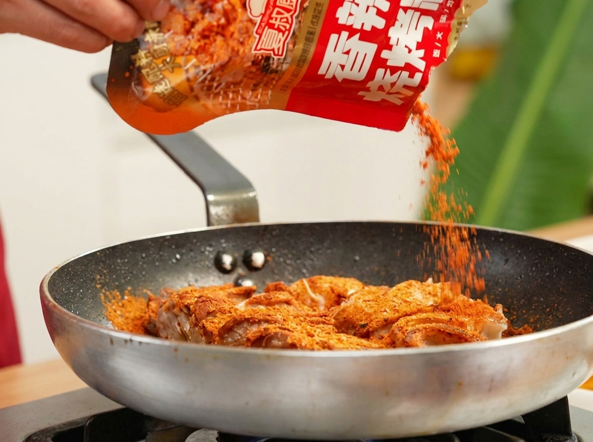 こんがり焼けた豚肉に、バーベキューシーズニングと刻んだ野菜を加えて炒めている様子。