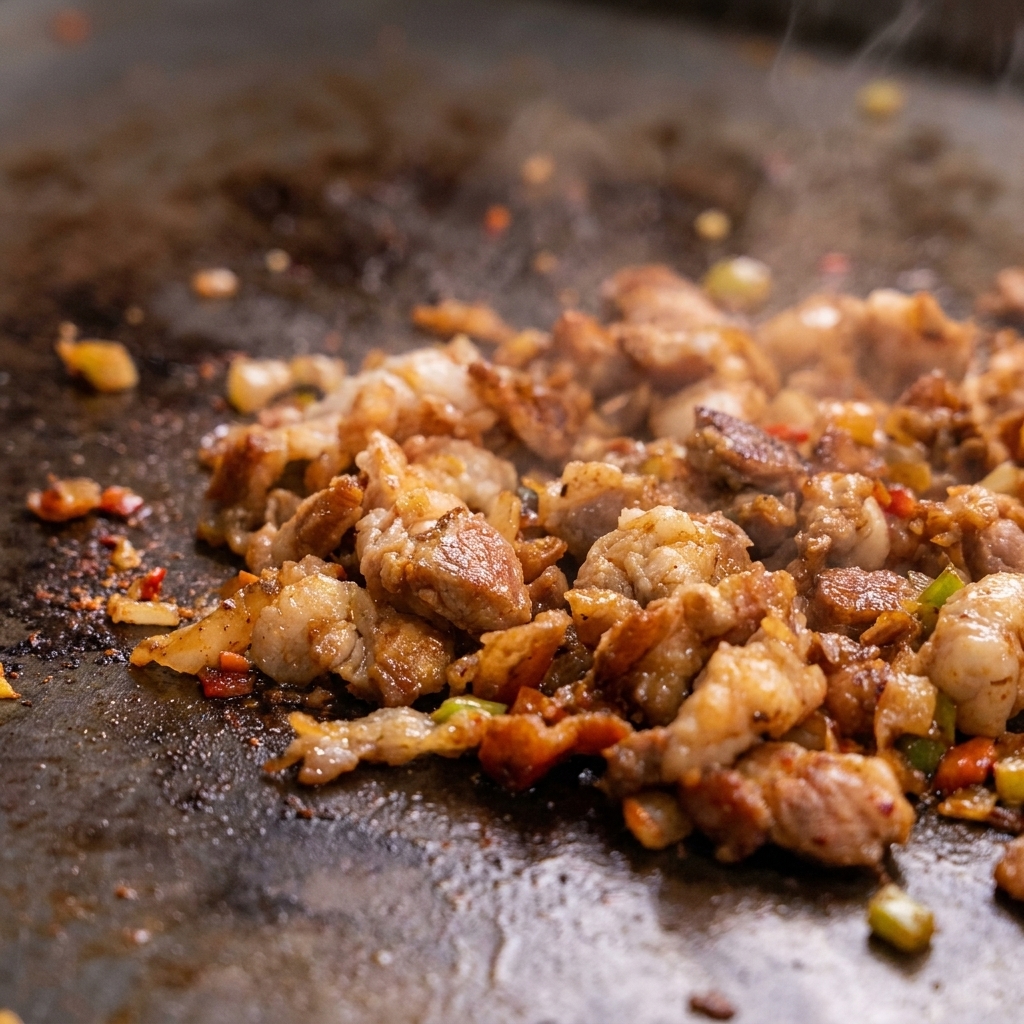 焼いた豚肉を細かく切り、炒り卵と混ぜ合わせて調理している様子。