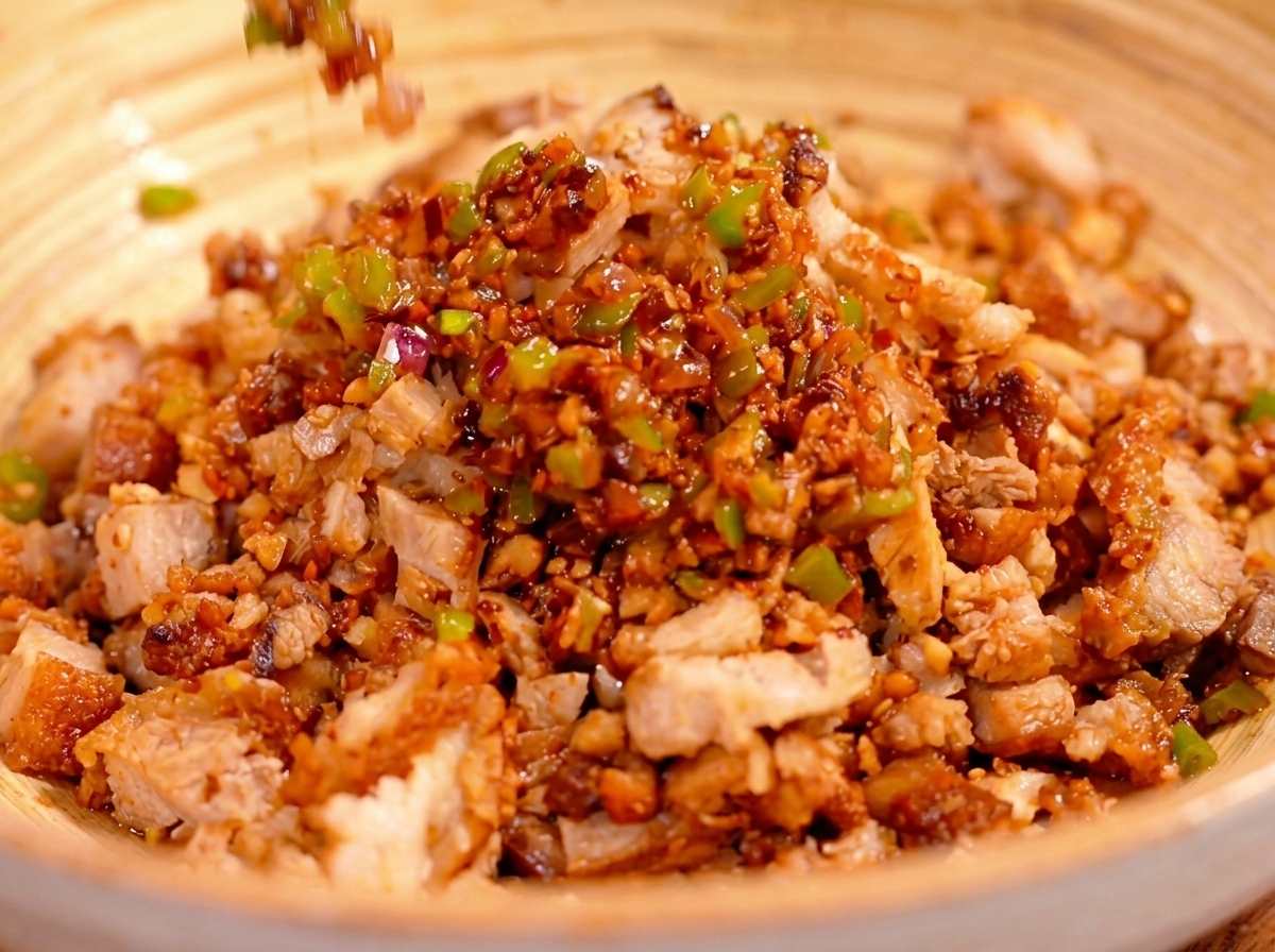 グリルした豚肉、卵、野菜がボウルに入っている様子
