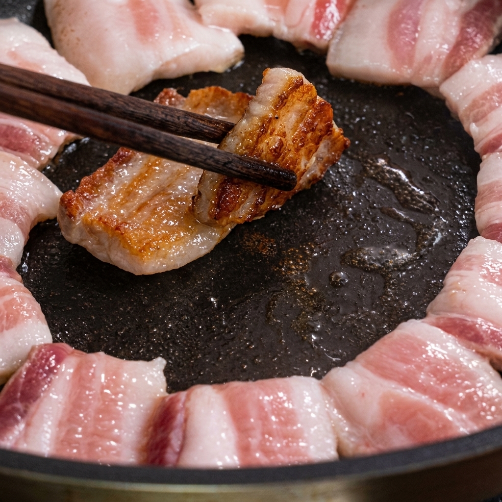 菜箸でひっくり返され、美味しそうに焼けていく豚バラ肉。