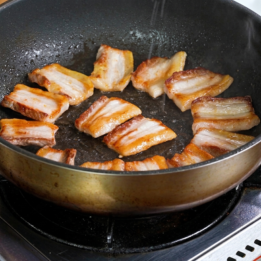 豚肉と一緒に玉ねぎとにんにくが炒められている様子。