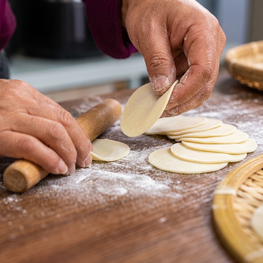 手で餃子の皮に具を載せ、包んでいる様子。