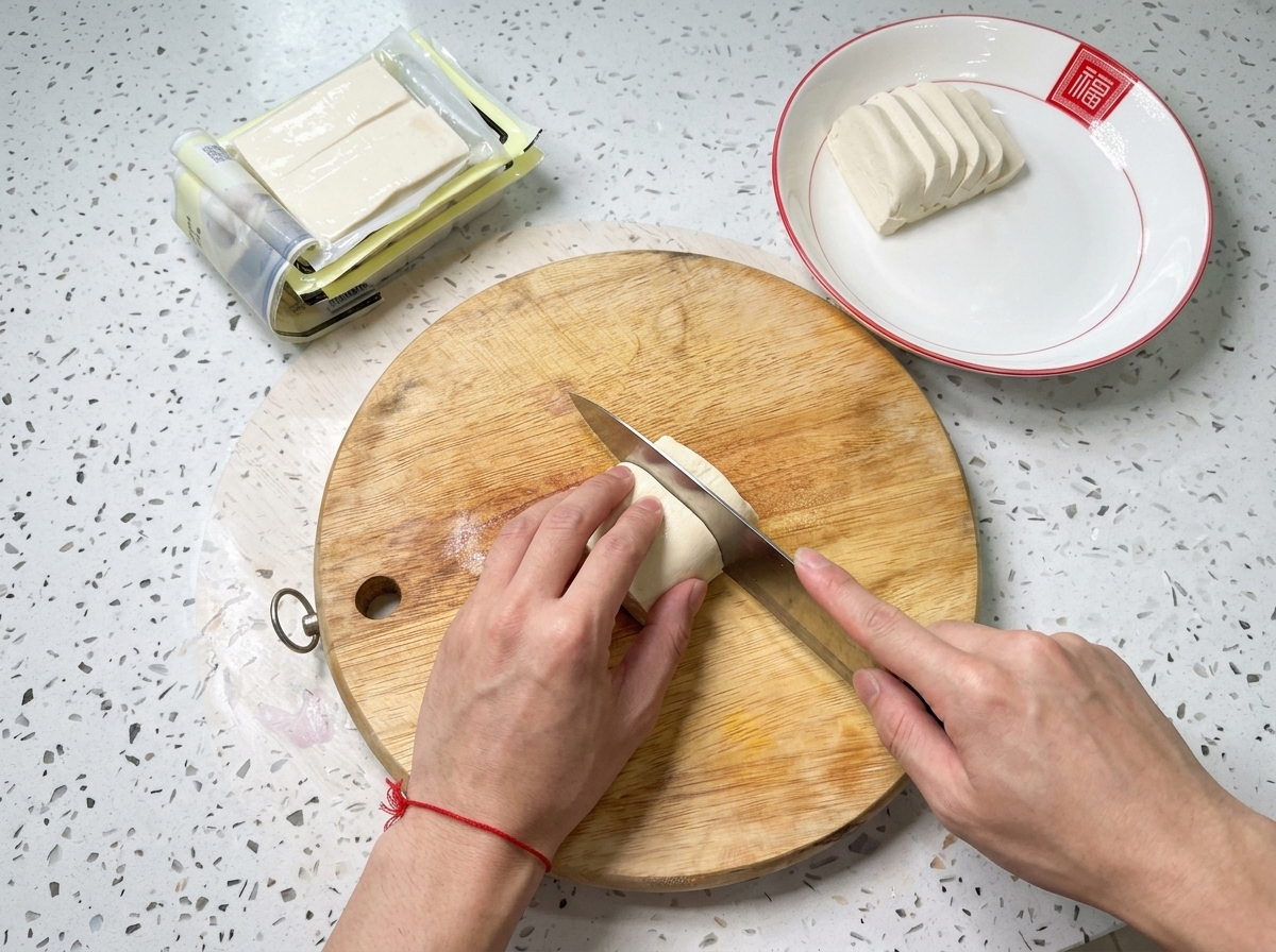 白と赤の縁取りがある皿の上、まな板の隣にきれいに並べられた白いて豆腐のスライス。