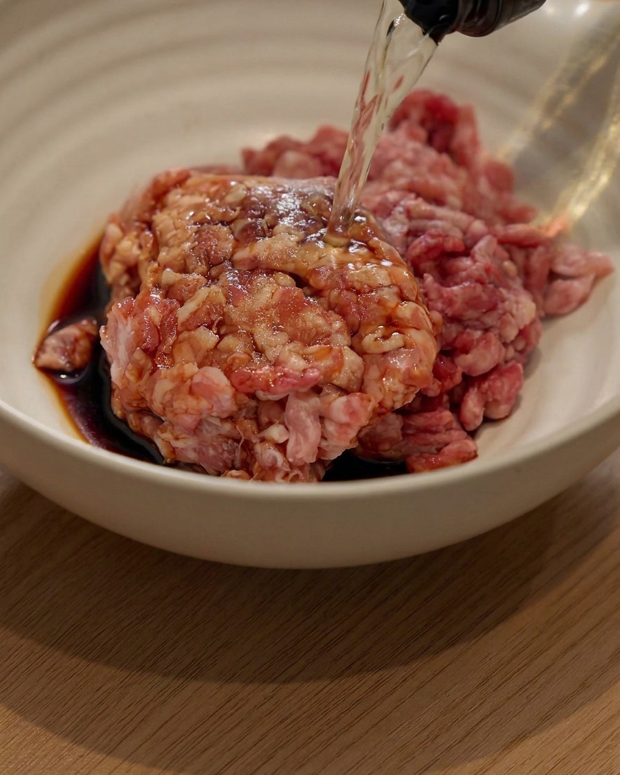 白いボウルに入った豚ひき肉に、醤油と料理酒で下味がつけられている様子。