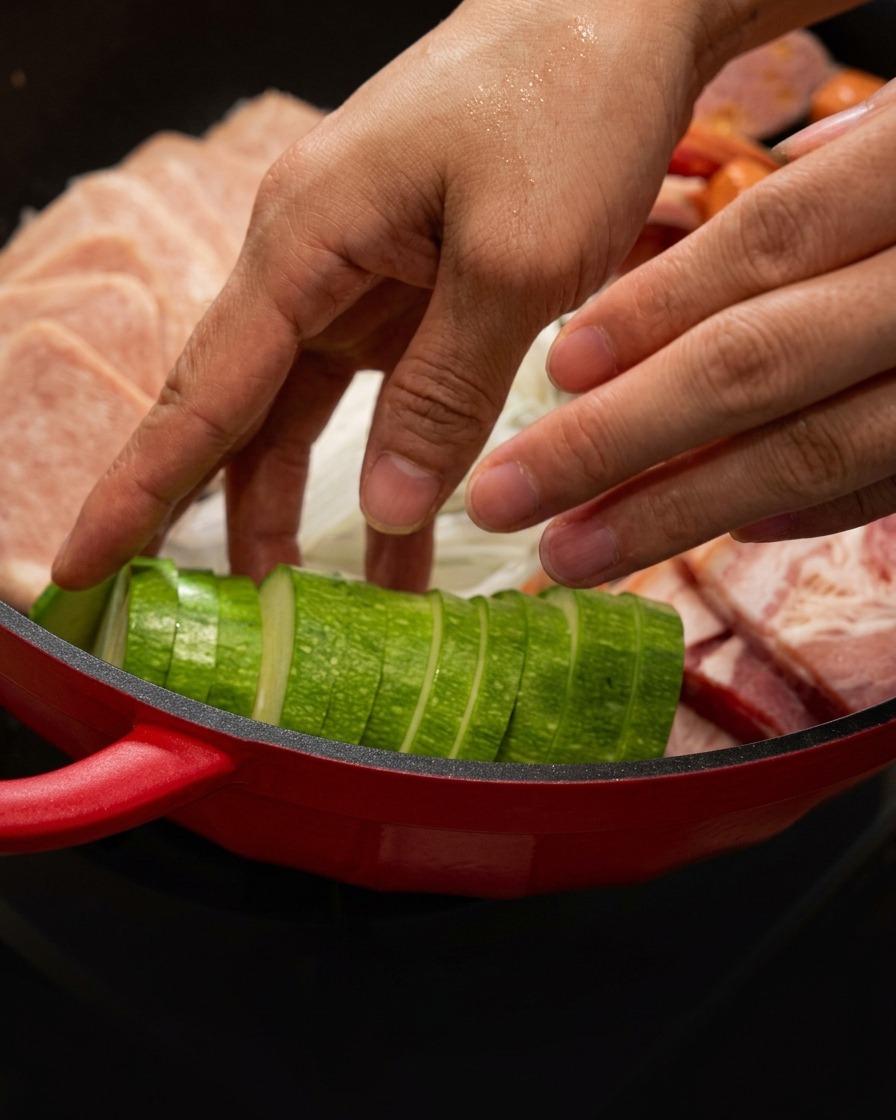 他の肉類と一緒に、ズッキーニのスライスが赤い鍋の中にきれいに並べられている様子。