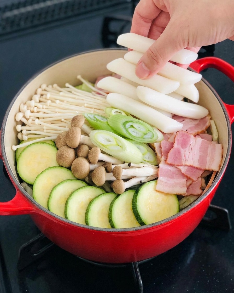 赤い部隊鍋の具材の隙間に、手が白い円柱状のお餅を配置している様子。