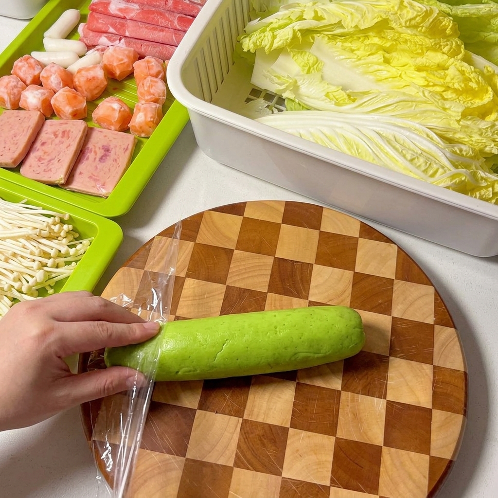 木製のまな板の上で小さく切られているズッキーニ。