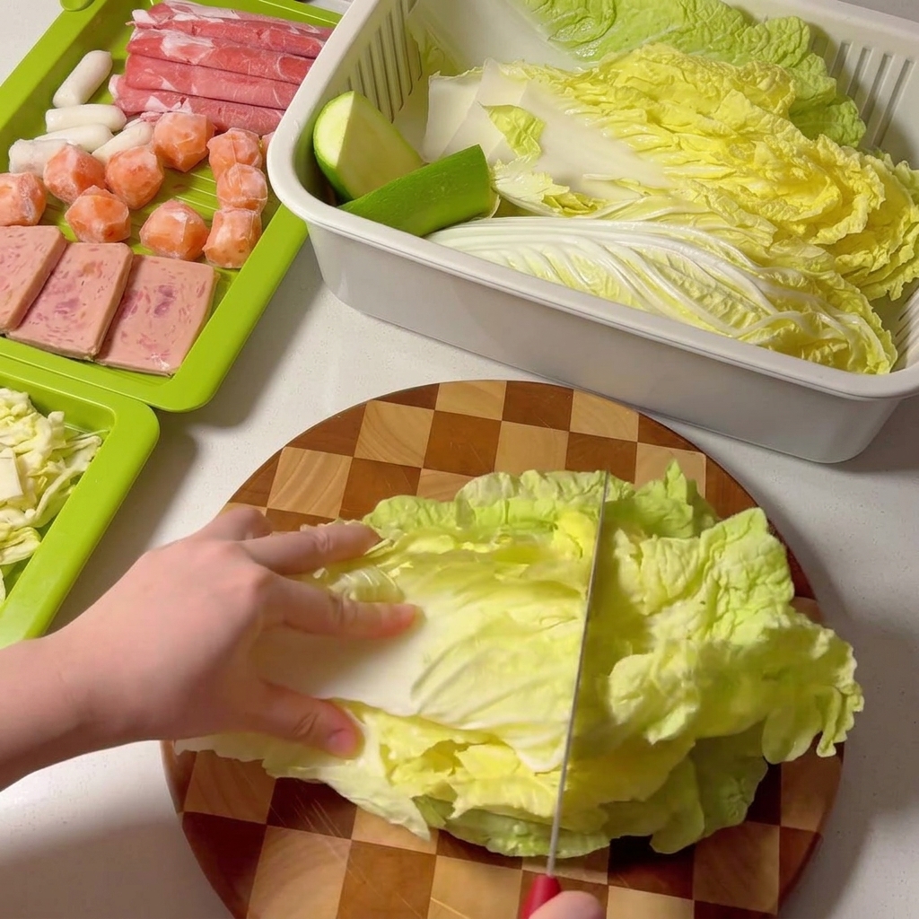 木製のまな板の上で切り分けられている白菜。