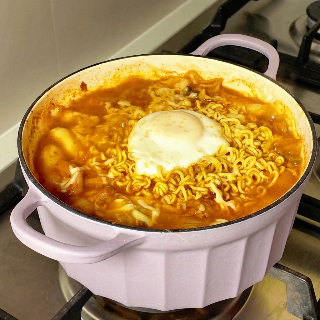 ボウルにインスタント麺の粉末スープと粉唐辛子が加えられている様子。