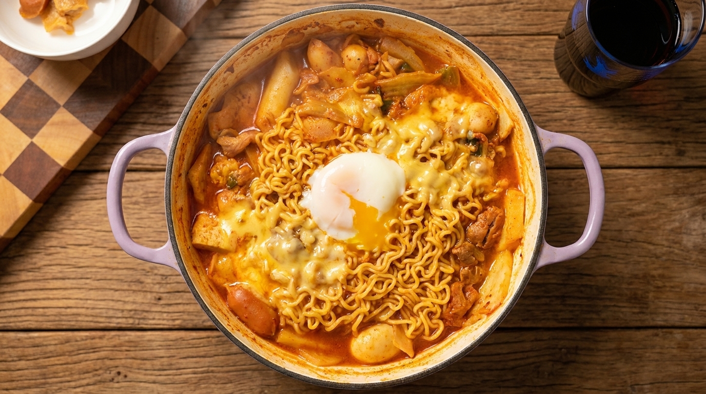 インスタントラーメン、半熟卵、とろけるチーズをトッピングした、湯気立ち上る熱々のプデチゲ。