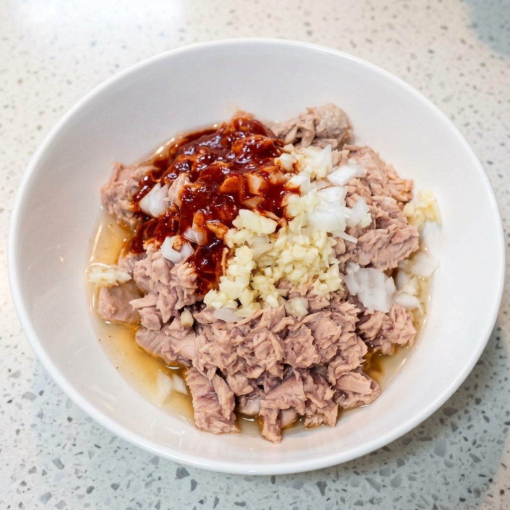 玉ねぎ、みじん切りにんにく、鮮やかな赤い唐辛子調味料がトッピングされた、ツナのフレークが入った白いボウル。
