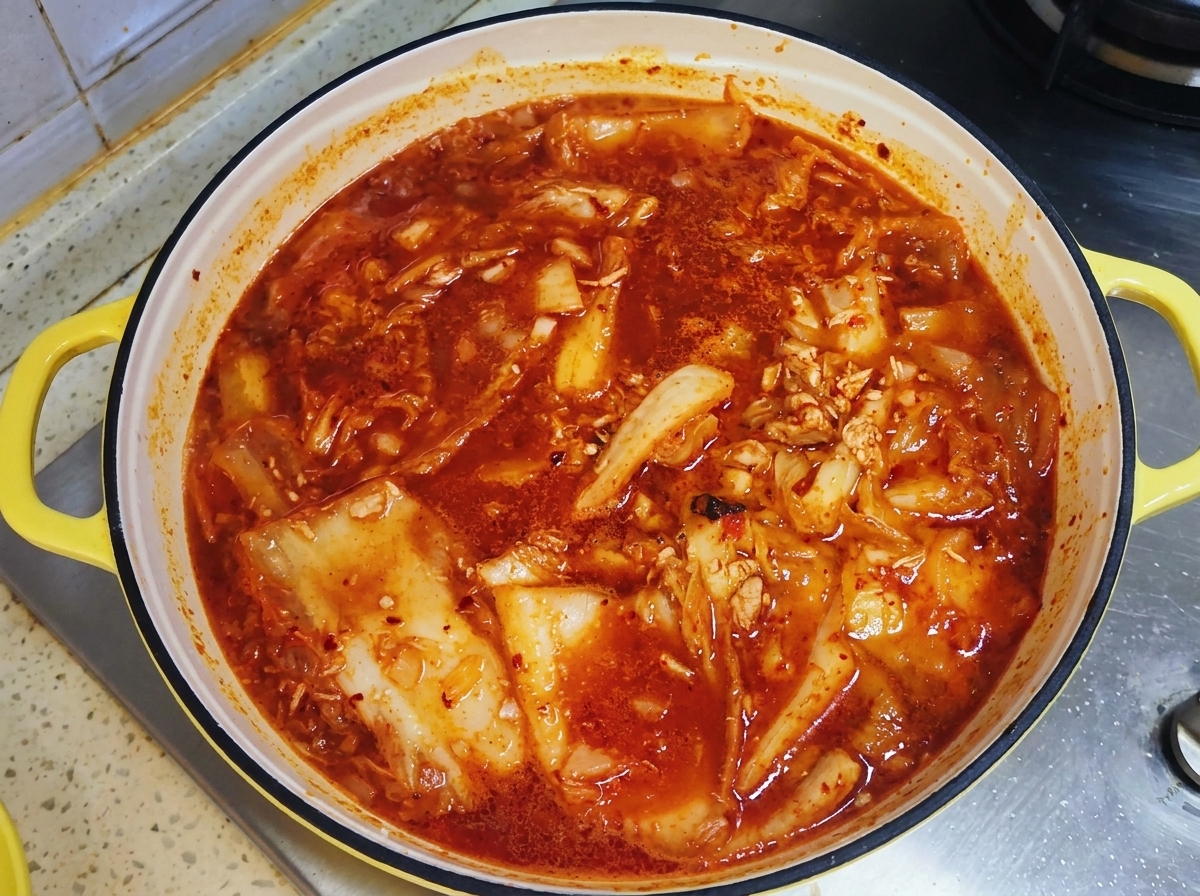 黄色い取っ手のついたフライパンに赤いキムチチゲがグツグツと煮えており、蓋をして煮込んでいる状態。