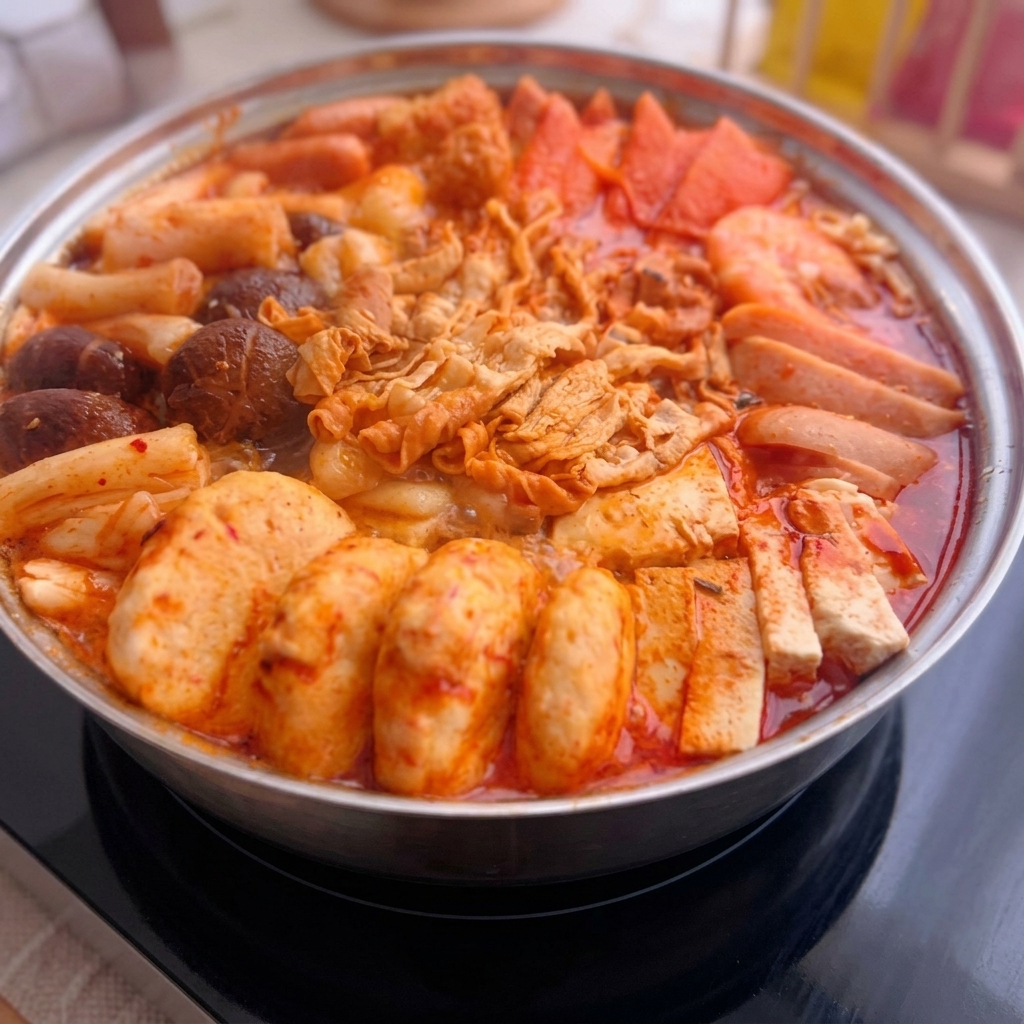 ぐつぐつと煮える鍋の中央に、インスタントラーメンの麺と卵がトッピングされている様子。