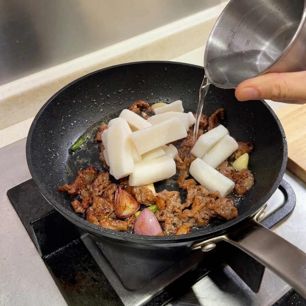 牛肉が入ったフライパンにトッポギを入れ、少量の水を注いでいる様子