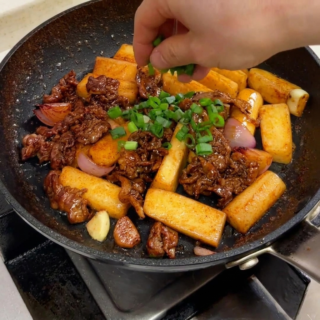 熱々の牛肉とトッポギの炒め物に、刻んだ青ねぎを散らしている様子