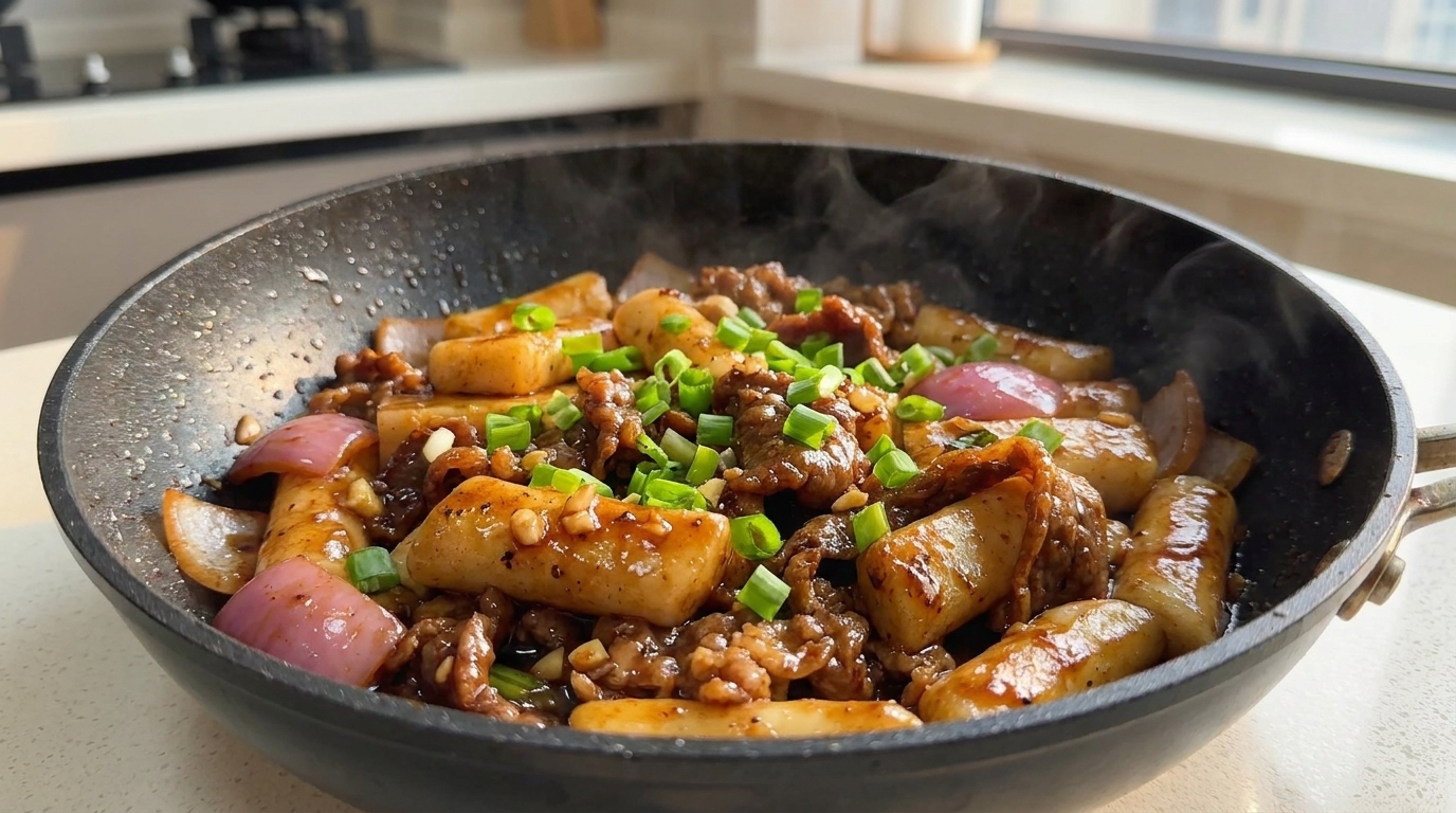 旨みたっぷり！牛肉とトッポギの黒胡椒バター炒め