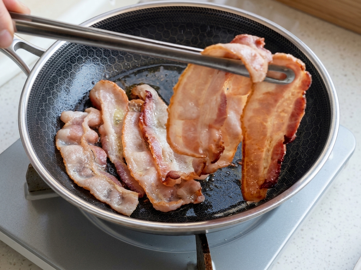 ベーコンが敷き詰められた熱いフライパンから、金属製のトングできつね色にカリッと焼けたベーコンを持ち上げている様子。
