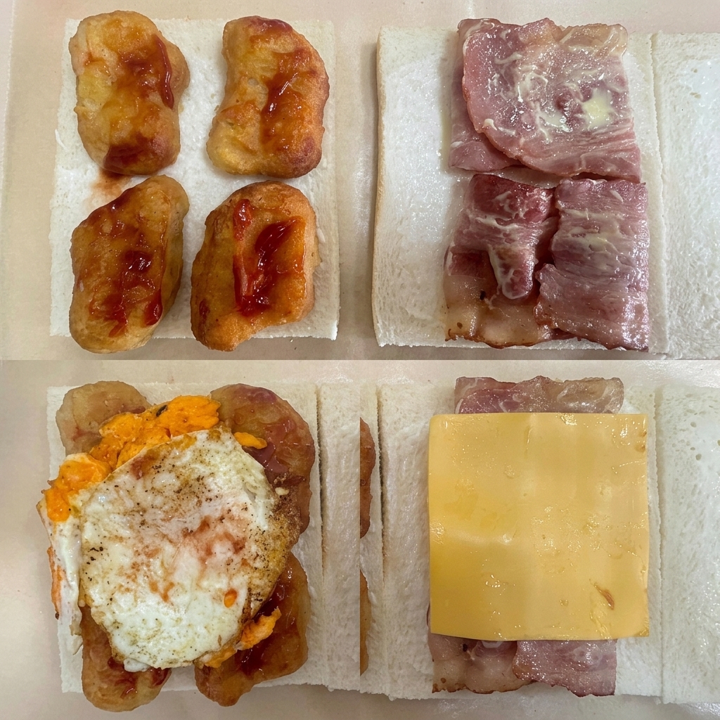 サンドイッチを組み立てる工程。チキンナゲットとケチャップ、ベーコンとハニーマスタード、目玉焼き、チーズを順に重ねていく様子。