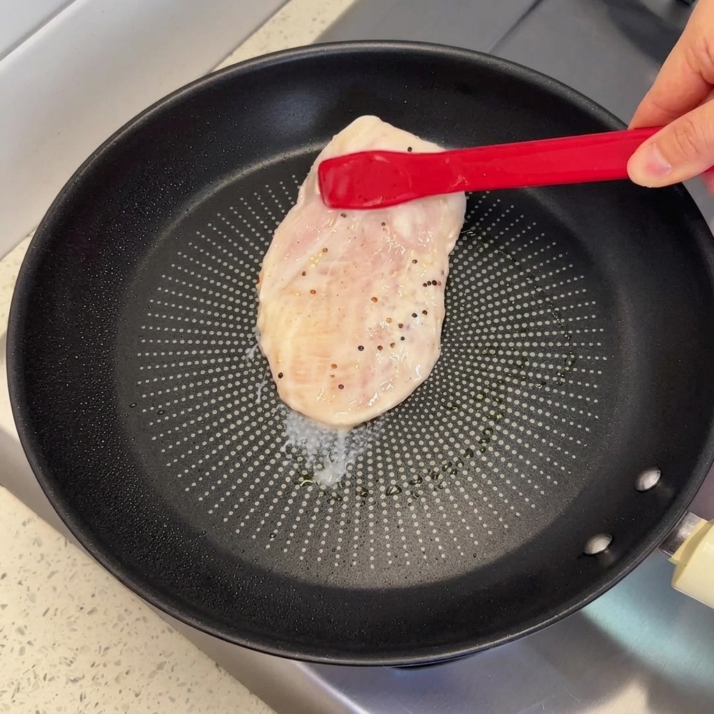 赤いシリコン製のトングで、生の鶏むね肉を黒いフライパンに入れているところ。