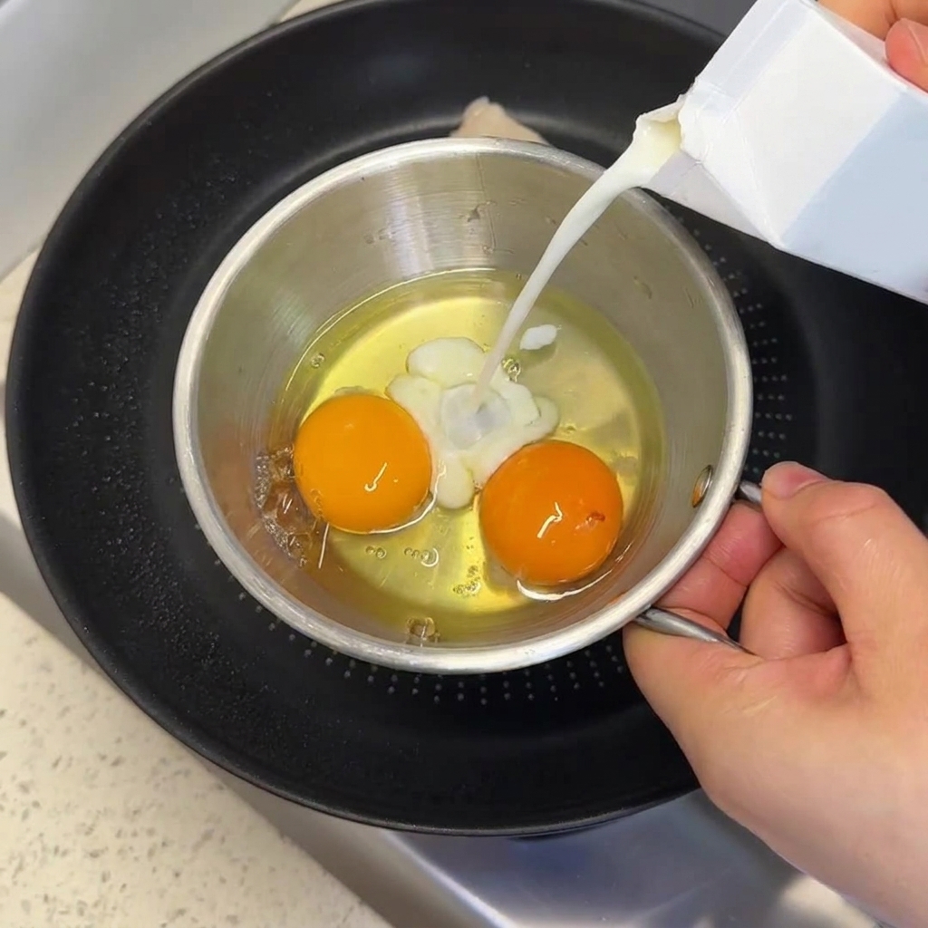 2個の割った卵が入った金属製のボウルに、小さな容器から牛乳を注いでいる手。