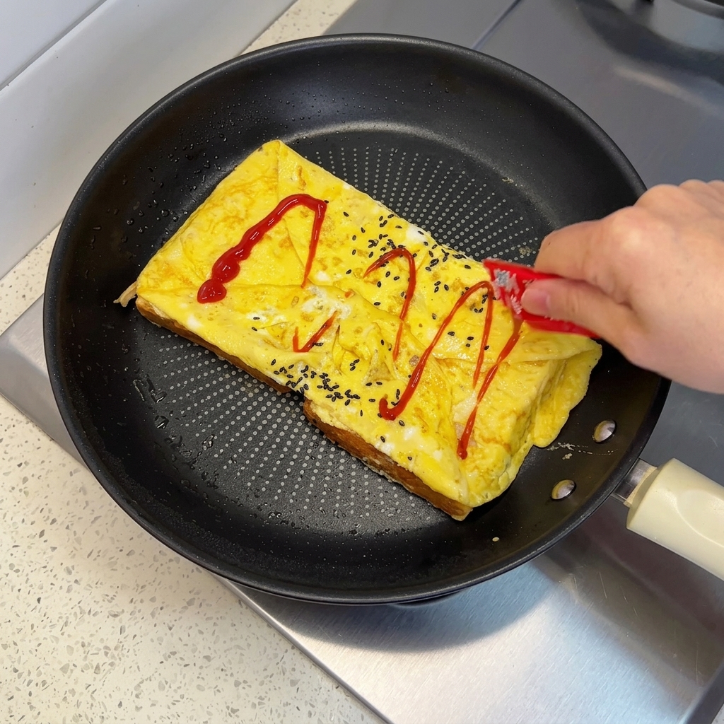 フライパンの中の折りたたまれた卵の上に、小さなパッケージからケチャップをジグザグ状にしぼっている手。