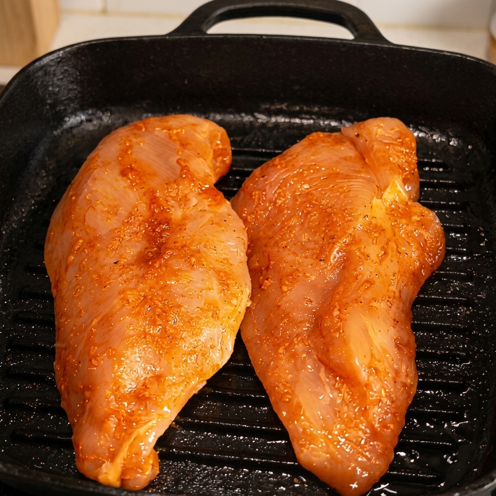 リブ付きの黒いスキレットで、グリル跡がつきながら焼かれている2枚の鶏むね肉。