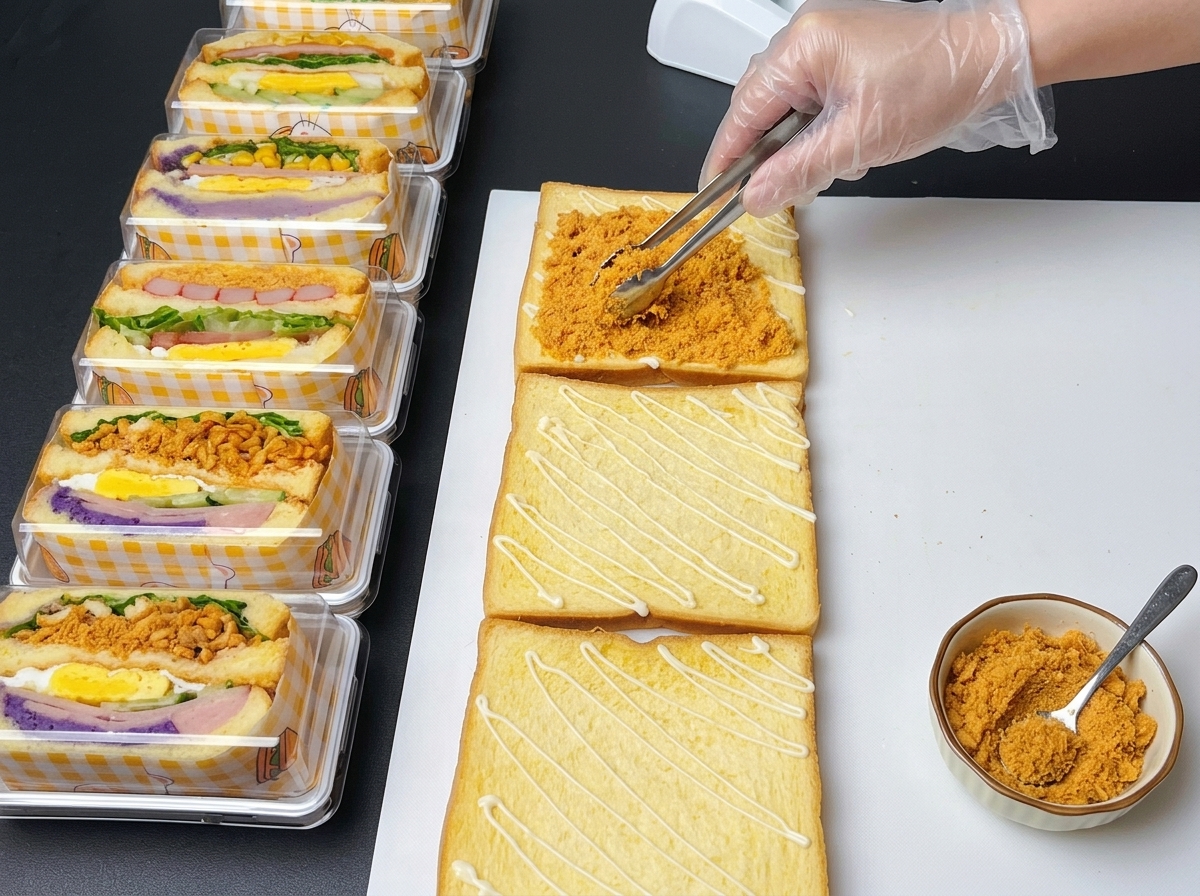 小さな金属製のトングを使って、トーストの上に黄金色のチキンフロスを均等に広げている様子。