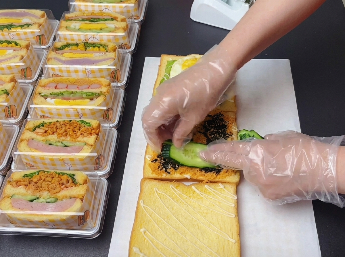 手袋をした手が、海苔とチキンフロスの上に薄い円形のきゅうりスライスをきれいに並べている様子。