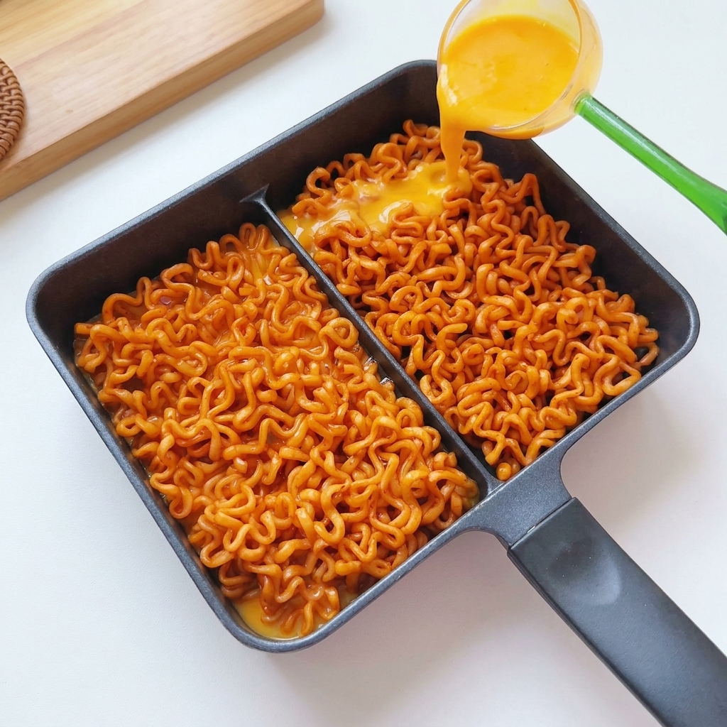 小さなレードルから、フライパンの赤い麺の上に鮮やかな黄色の卵液が注がれている様子。