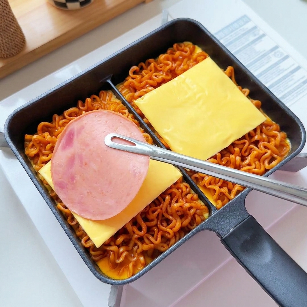 トングを使って、麺の土台の上にチーズとハムのスライスが並べられている様子。
