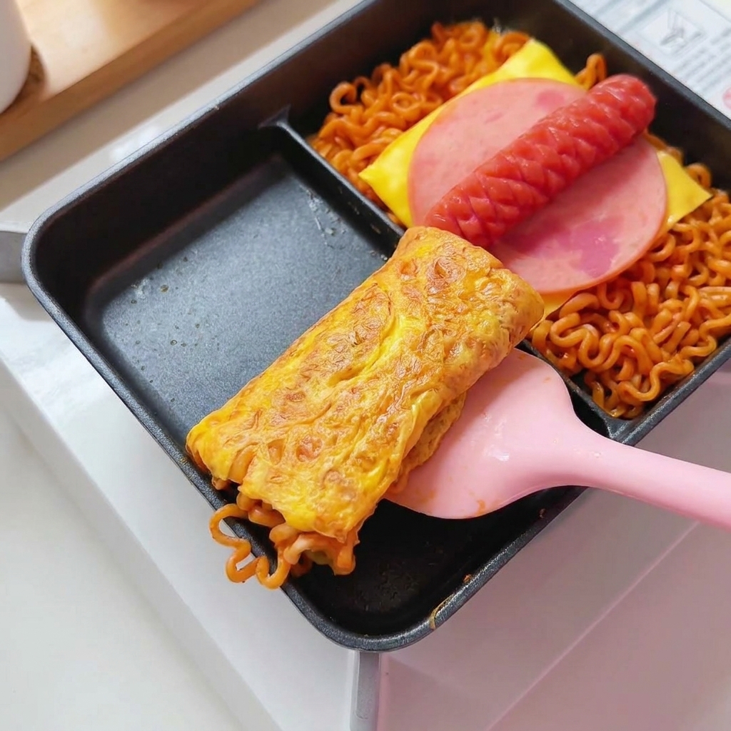 長方形のフライパンの中で、ピンクのスパチュラが調理された卵と麺のロールを巻き上げている様子。