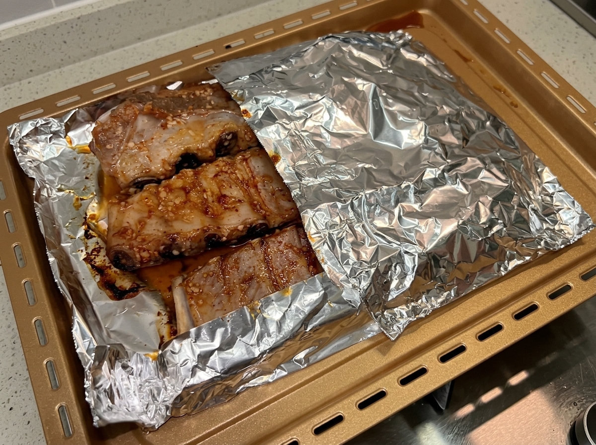 ゴールドの天板からアルミホイルがめくられ、濃厚なソースの中で蒸気を出している途中段階のスペアリブが現れている様子。