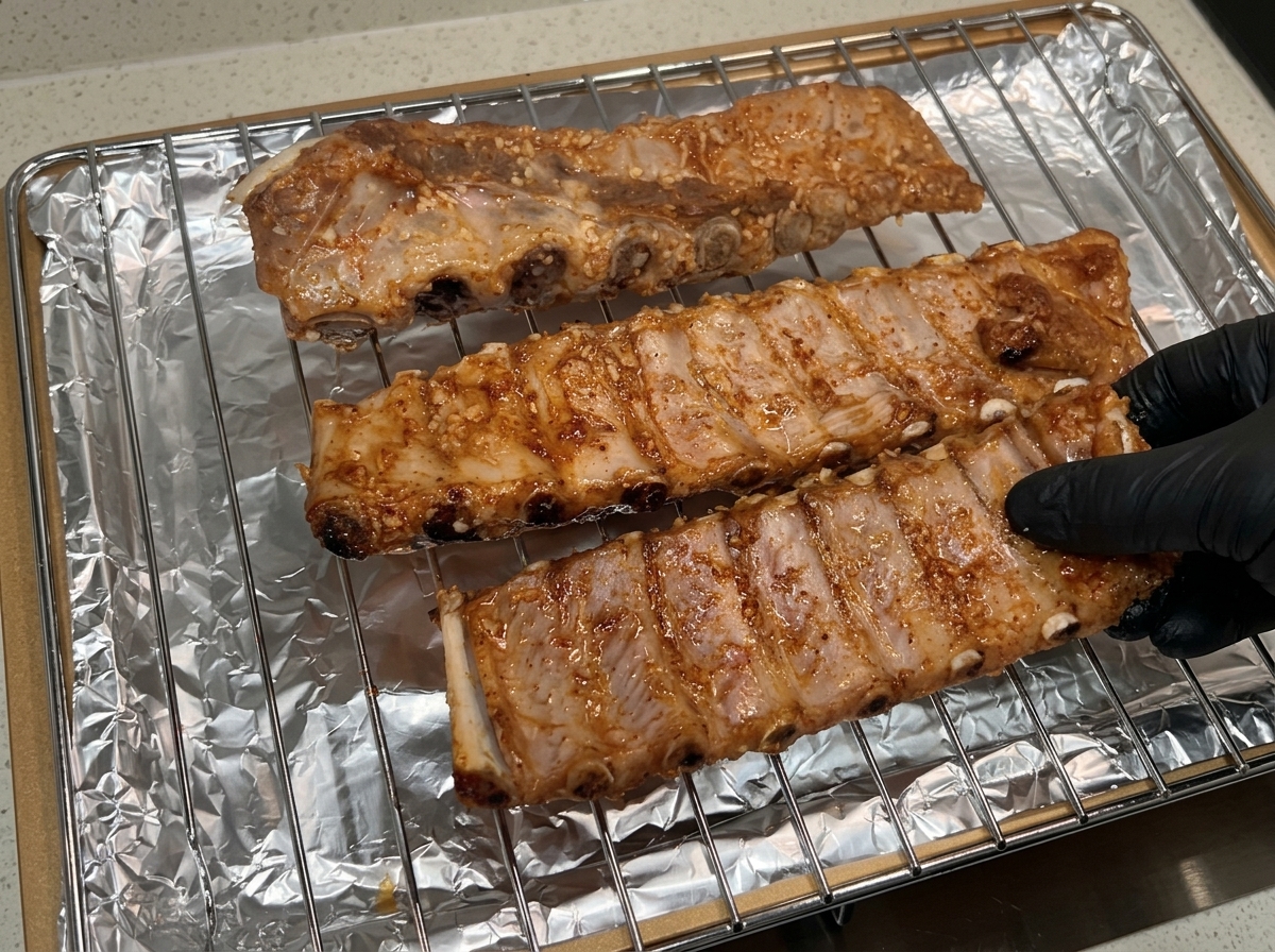 手袋を着用した手が、アルミホイルから3切れの途中までローストされたスペアリブをワイヤーの焼き網に移している様子。