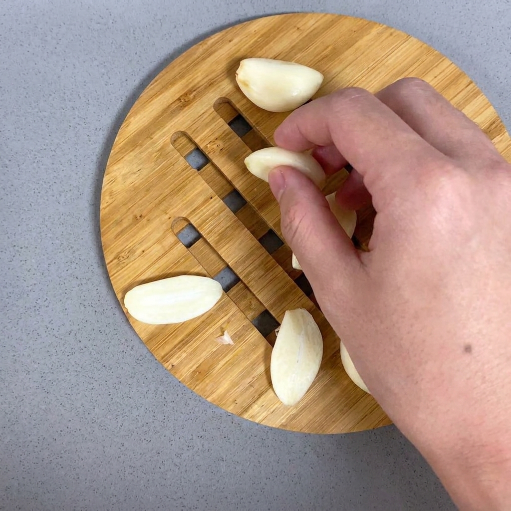 木製のまな板の上でにんにくの薄切りを作っている様子。