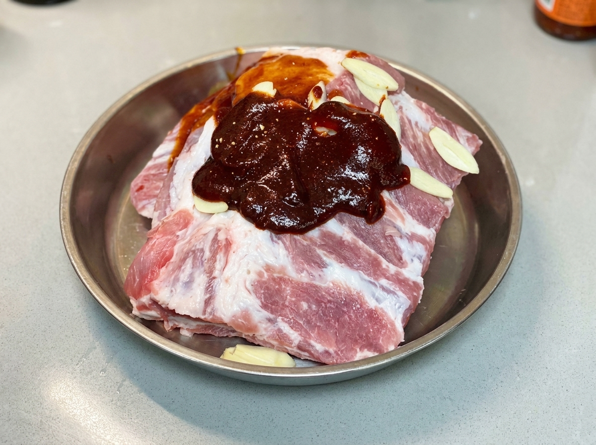 味付け中のポークリブとソースの上に、細かい白こしょうの粒が振りかけられている様子。