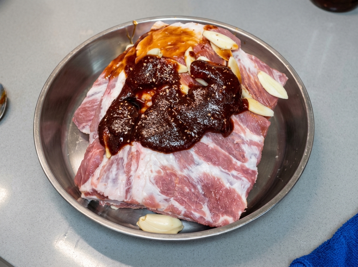 金属製トレイ内の味付けされたポークリブに塩が振りかけられている様子。
