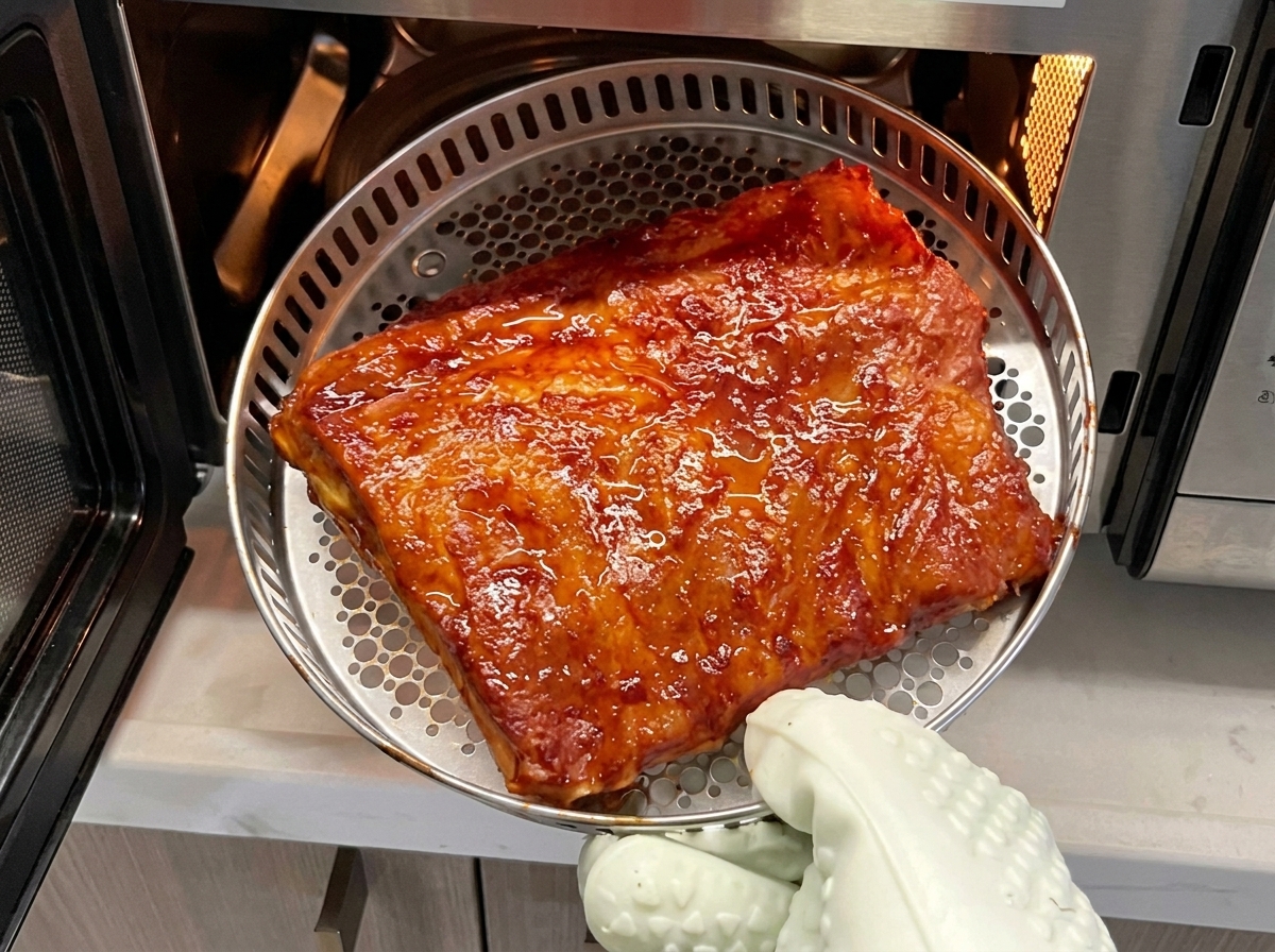 オーブンの中で、キッチントングを使ってポークリブを裏返している様子。