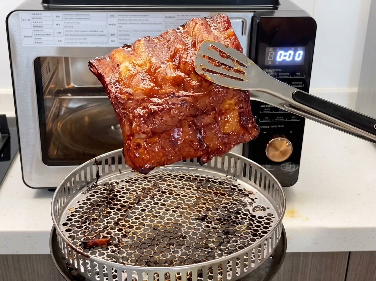 丸い金属製ベーキングバスケットの上で、金属製トングで焼き上がったツヤのあるポークリブのピースを持ち上げている様子。