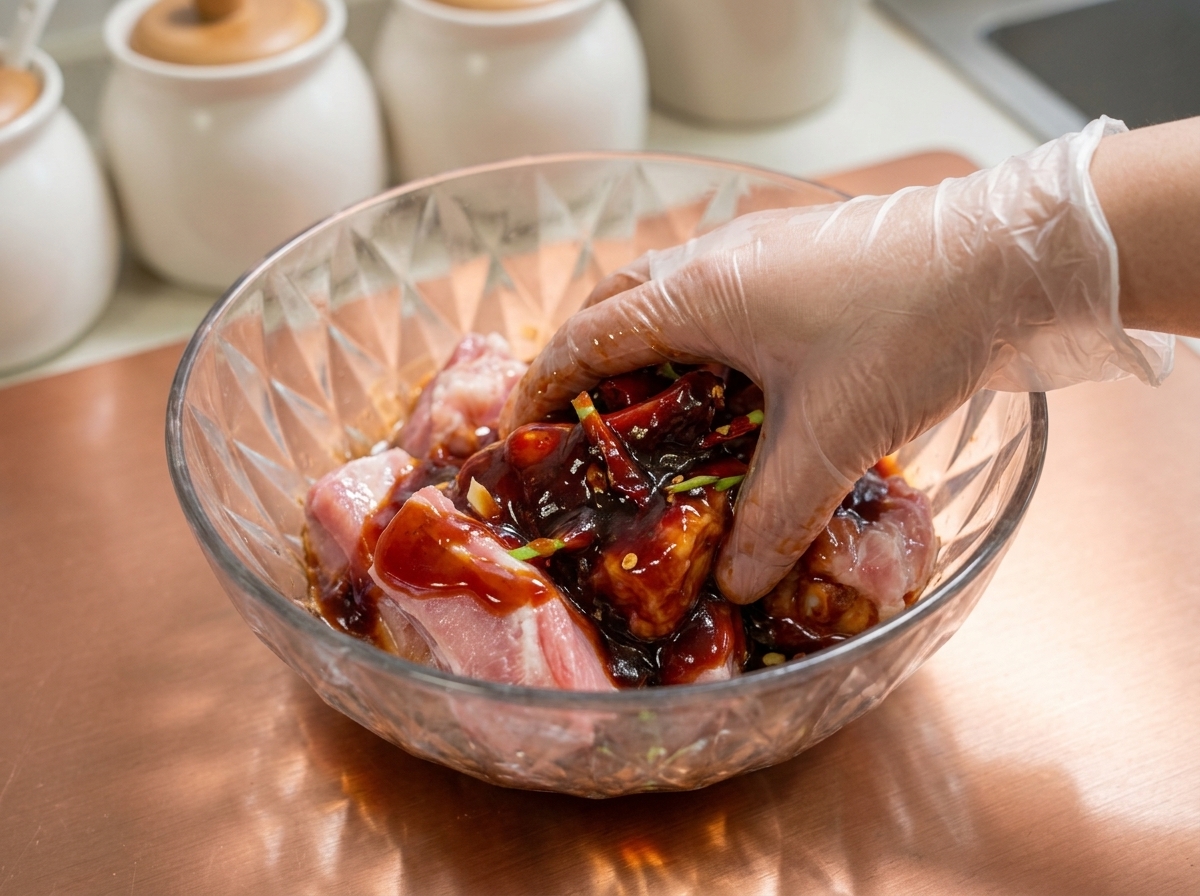 手袋を着用した手でガラスボウルの中の豚肉と黒いタレをもみ込み、絡めている様子。
