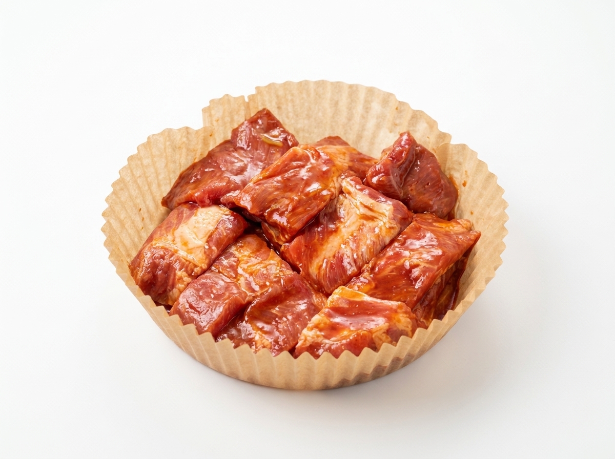 茶色のベーキングペーパーを敷いたエアフライヤーのバスケットに、下味をつけたスペアリブをきれいに並べている様子。