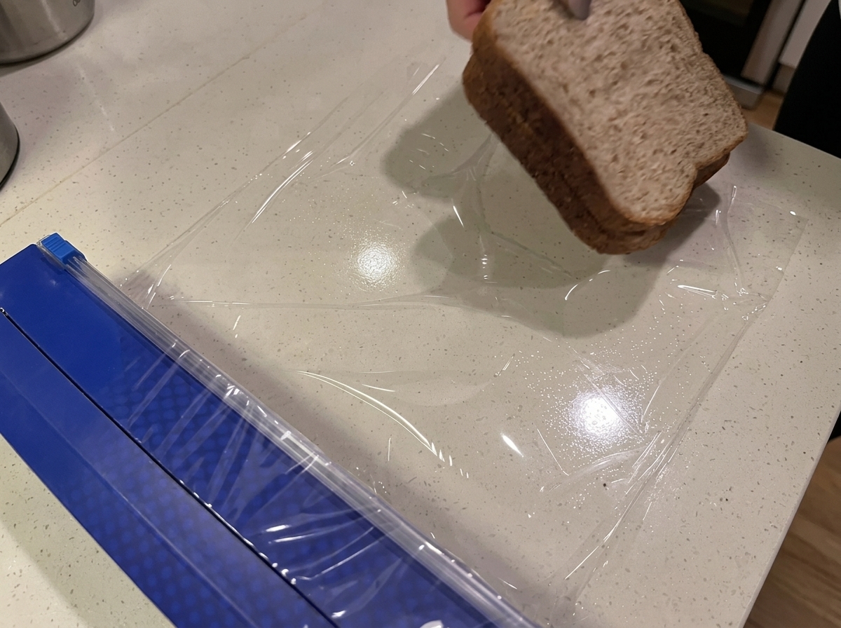 キッチンの調理台に広げたラップの上に置かれた2枚の全粒粉パン。
