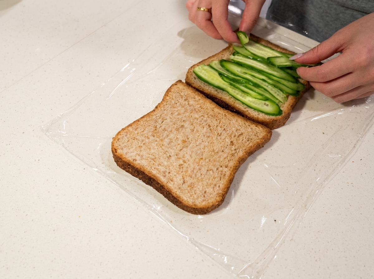 全粒粉パンのきゅうりの層の上に置かれる目玉焼き。