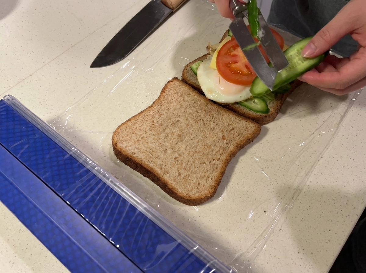 トマトの層の上にさらにピーラーで削られたきゅうりがのせられている様子。