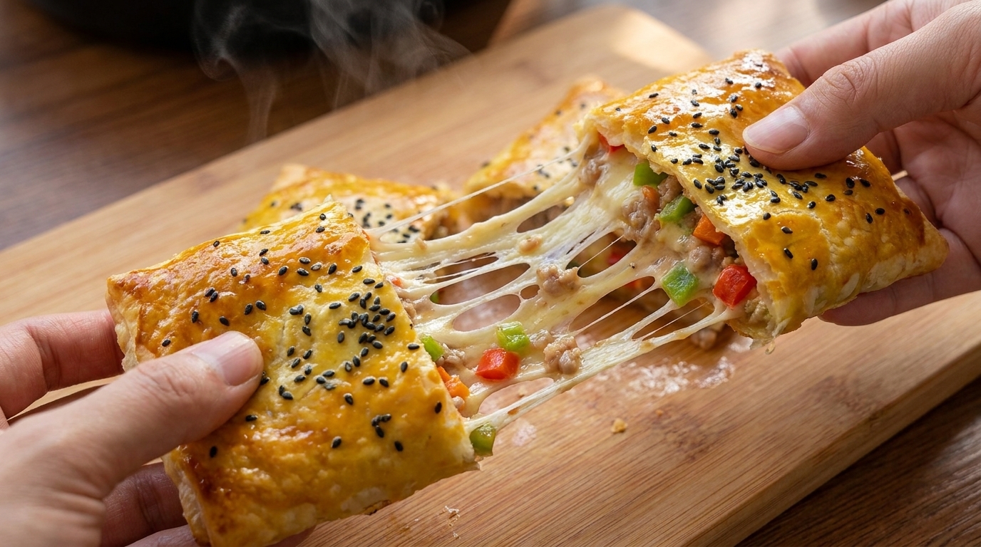 きつね色に焼き上がったペイストリーを割ると、中から溶けたモッツァレラチーズ、豚肉、色鮮やかなピーマンがあふれ出します。