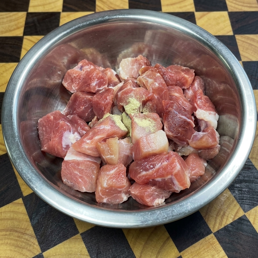 白こしょう、醤油、その他の調味料をまぶしたボウルの中の豚肉。