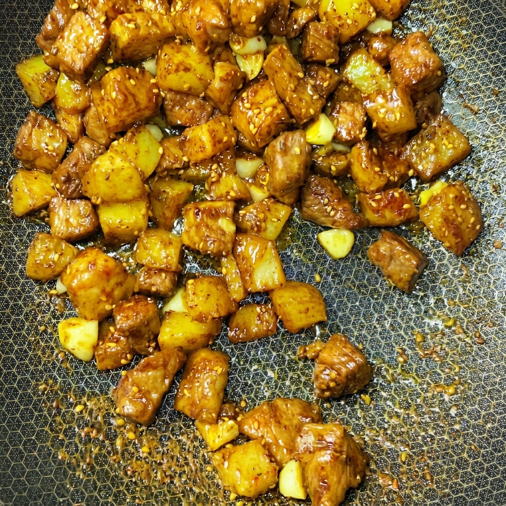 中華鍋の中で豚肉とじゃがいもがスパイスと共にダイナミックに炒め合わされている様子。
