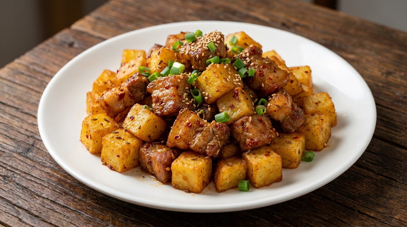 カリカリ豚肉とポテトのスパイシークミン炒め
