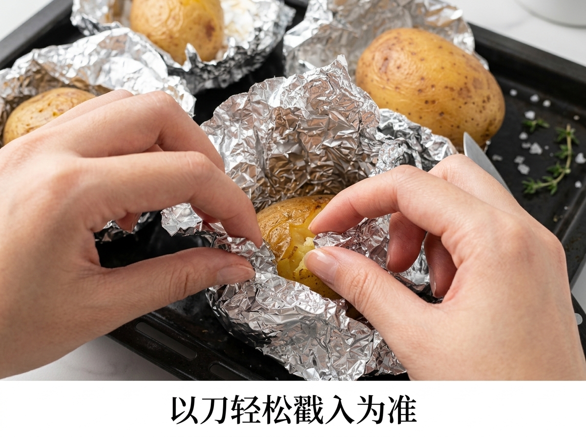トレイの上で、焼けたジャガイモから手がアルミホイルをめくり、ナイフで状態を確認している様子。