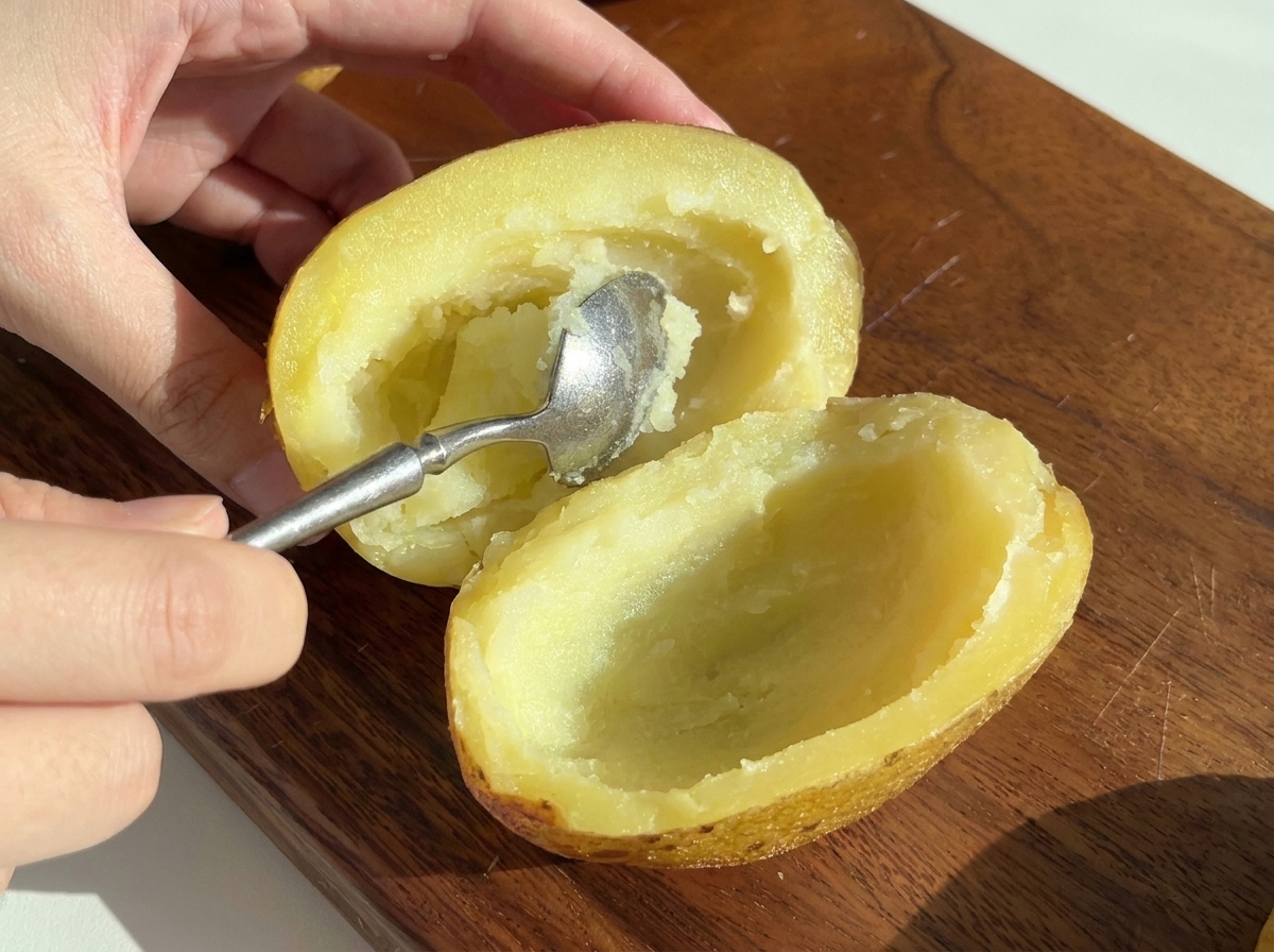 半分に切ったベイクドポテトの柔らかい中身をスプーンでくり抜いているところ。